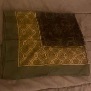 Vintage Chanel Green and Gold Paisley Patterned Scarf with cc logo.